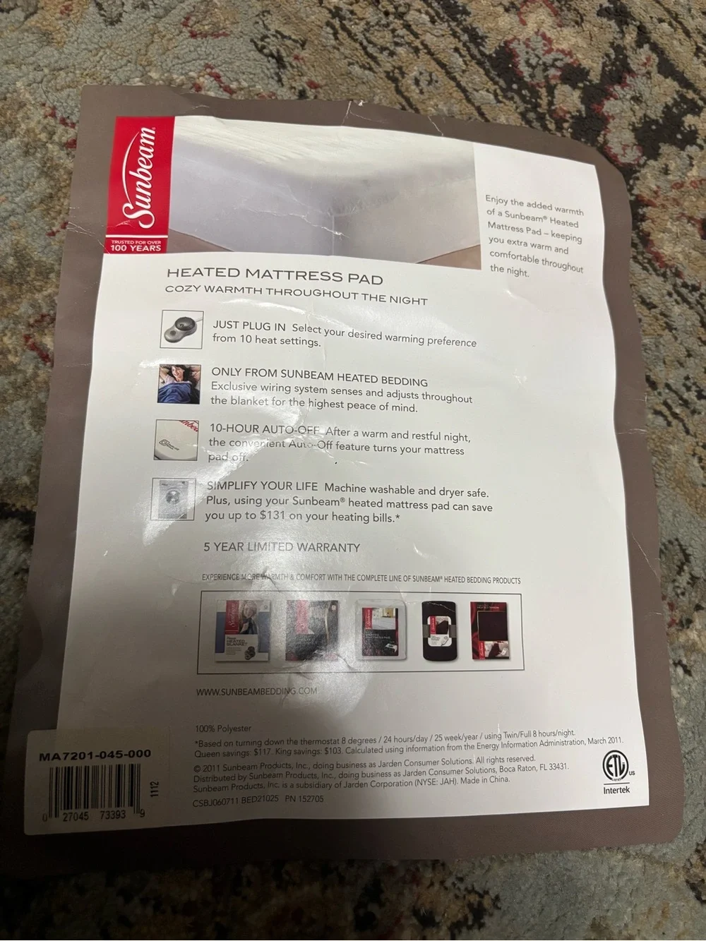 Sunbeam Full Size White Heated Mattress Pad with Gray Controller